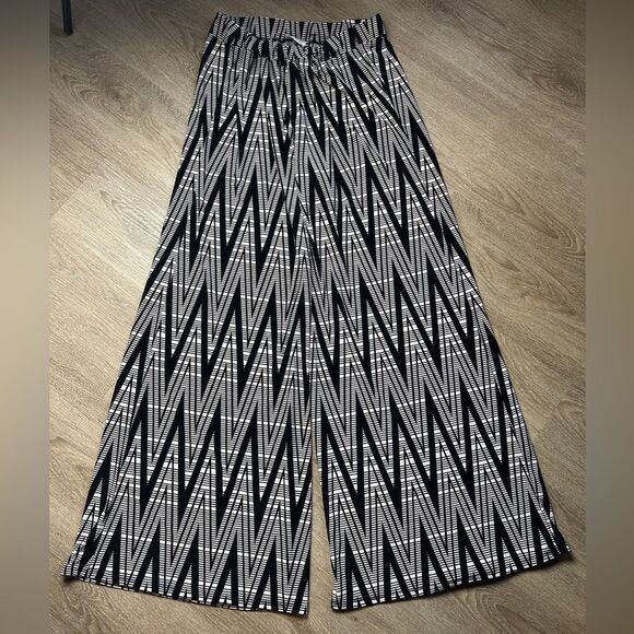 BELLINO | Black White Geometric Polyester Wide Leg Pants Size Large - Picture 1 of 6